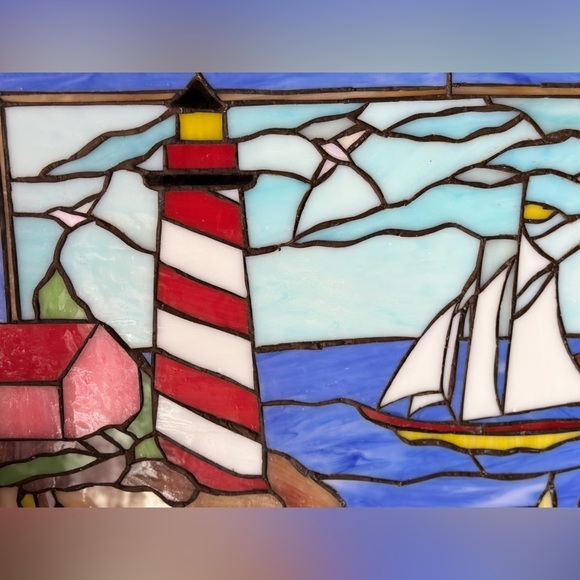Hanging Rectangle Stained Glass Sailboat Lighthouse Nautical Harbor Scene 16x12” - Picture 6 of 11